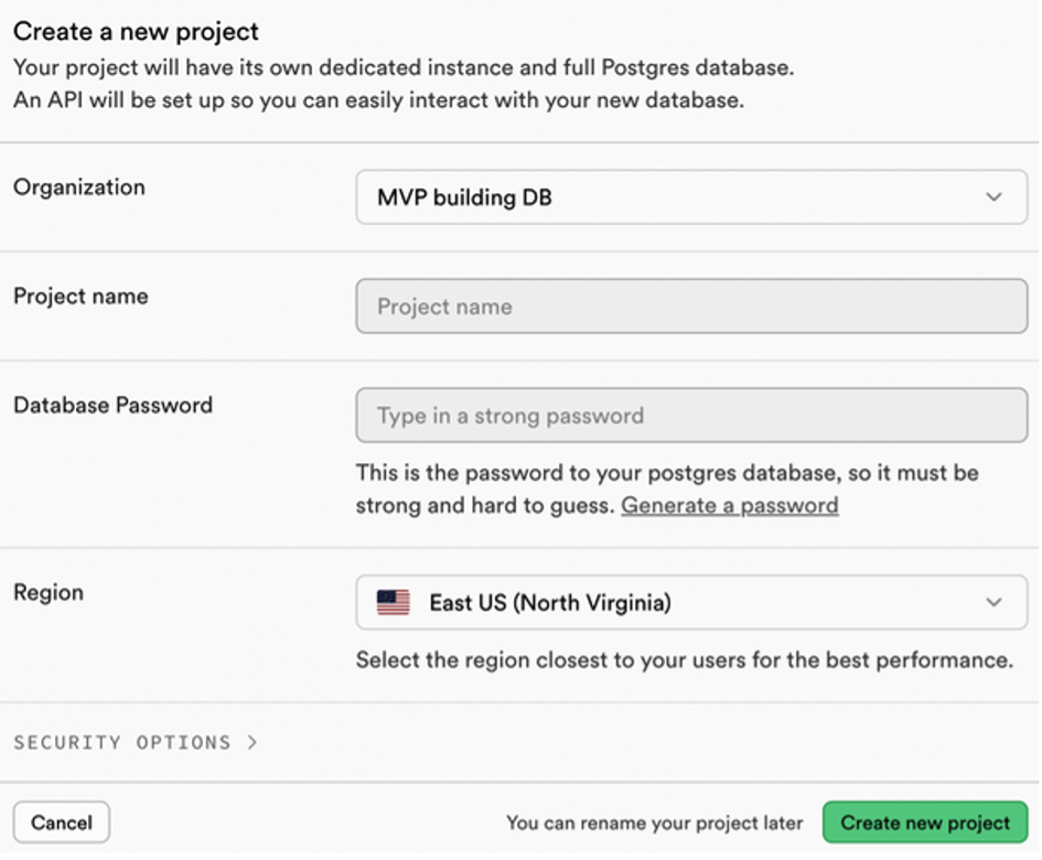 Figure 1. Supabase project creation dashboard
